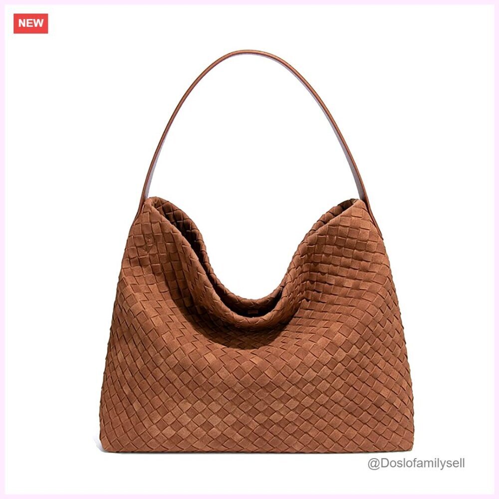 Woven Suede Tote Bag Slouchy Shoulder Purse Elegant Retro Crescent Satchel